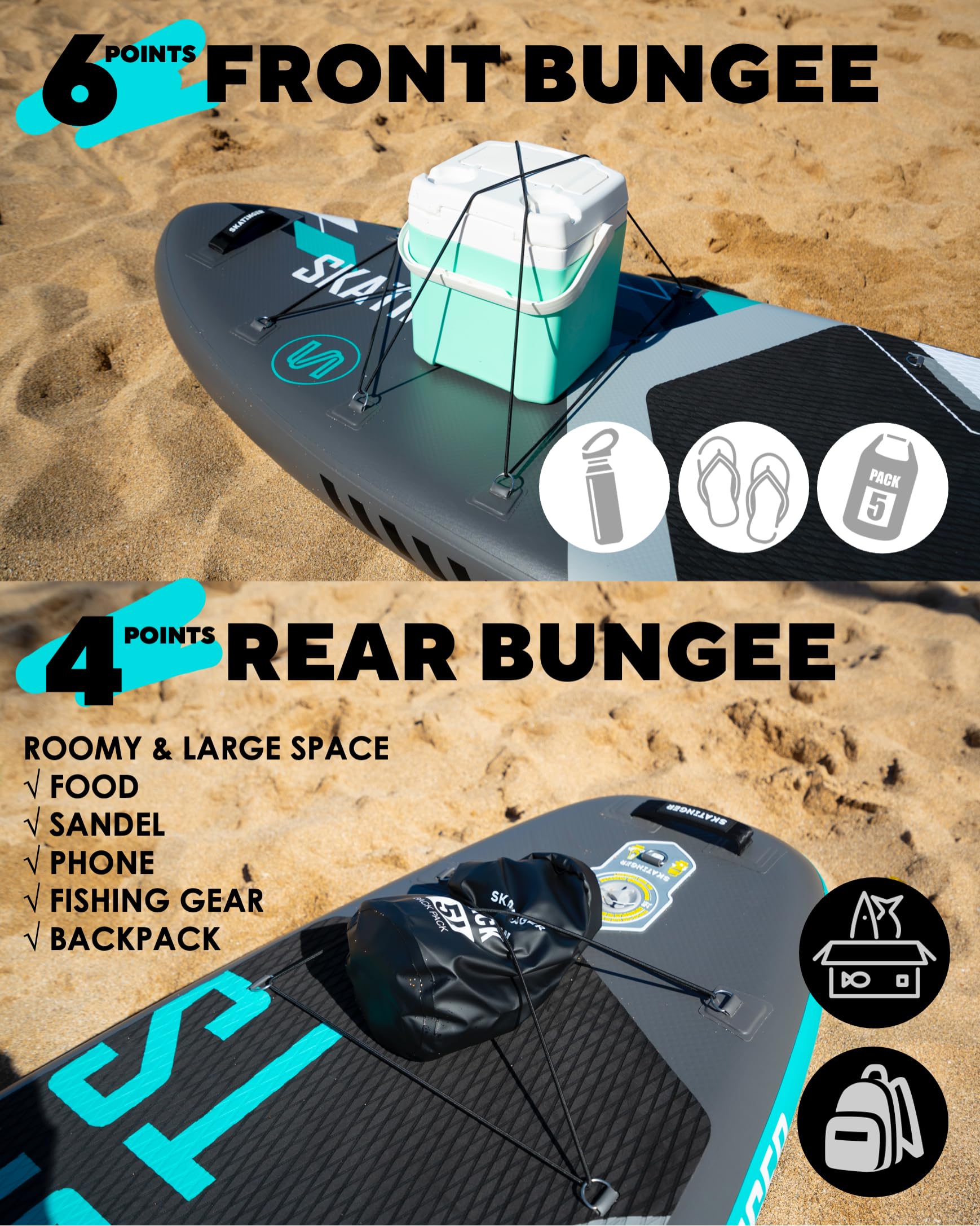 Super wide inflatable paddle board by Craques with front and rear bungee storage on sandy beach