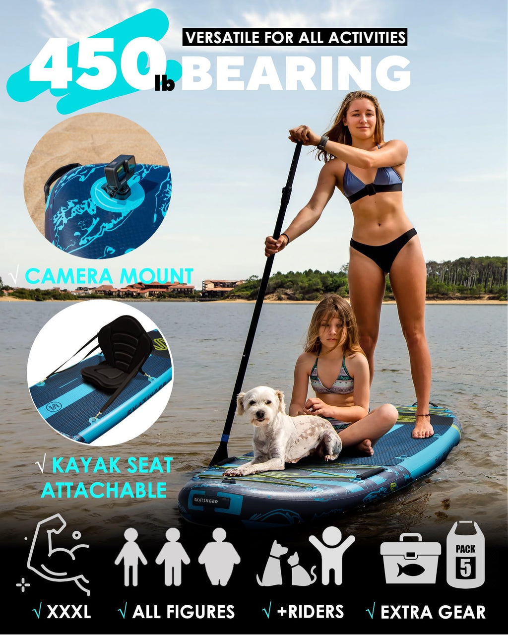 craques super wide inflatable paddle board with kayak seat and camera mount supporting 450 lb bearing capacity