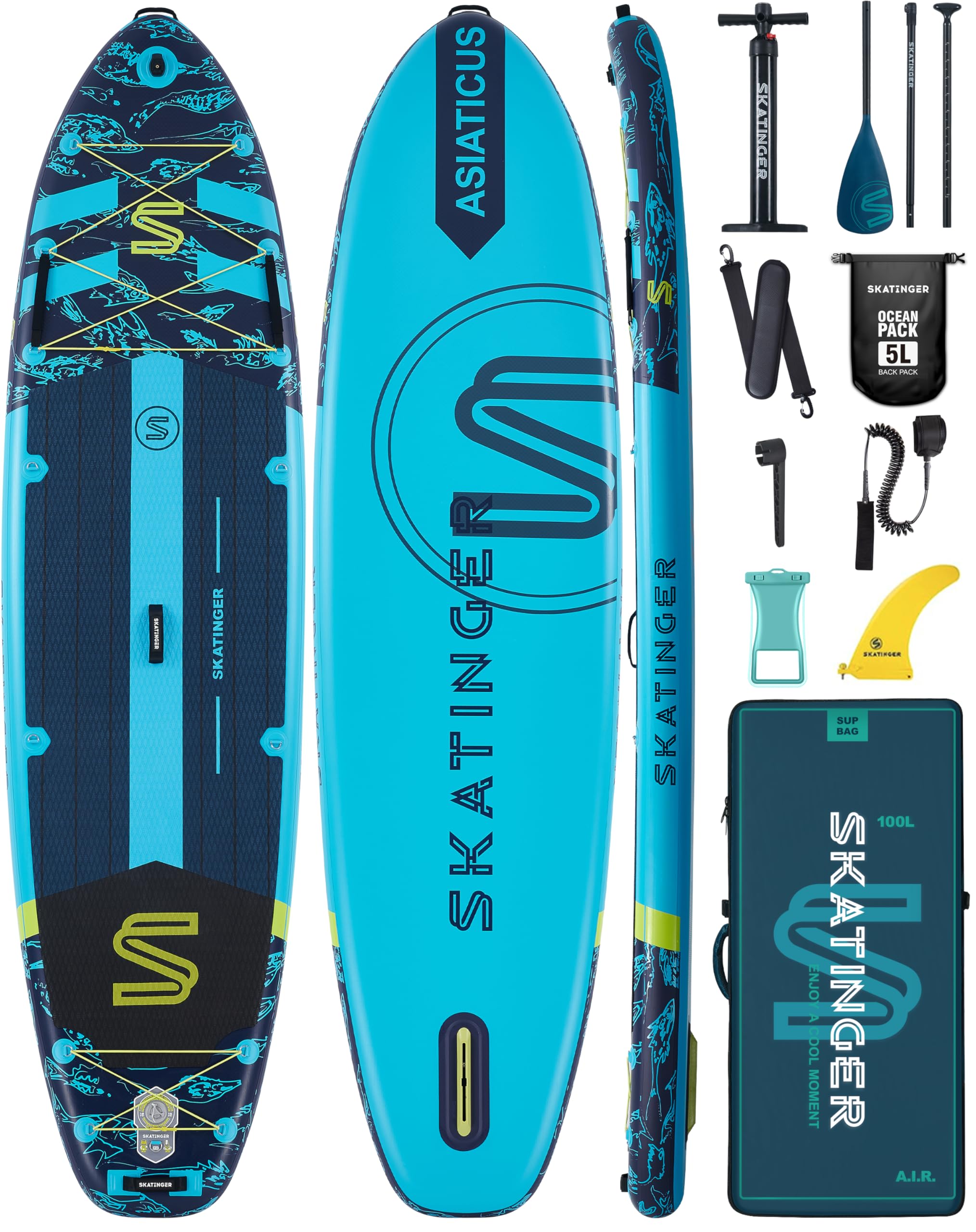 Craques super wide inflatable paddle board in blue with accessories including pump, paddle, fin, and carry bag