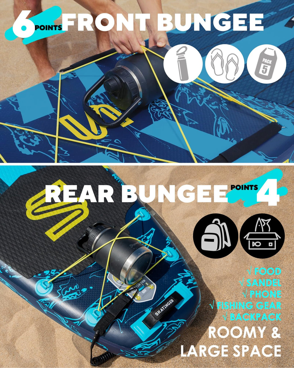 craques super wide inflatable paddle board with front and rear bungee points for securing gear