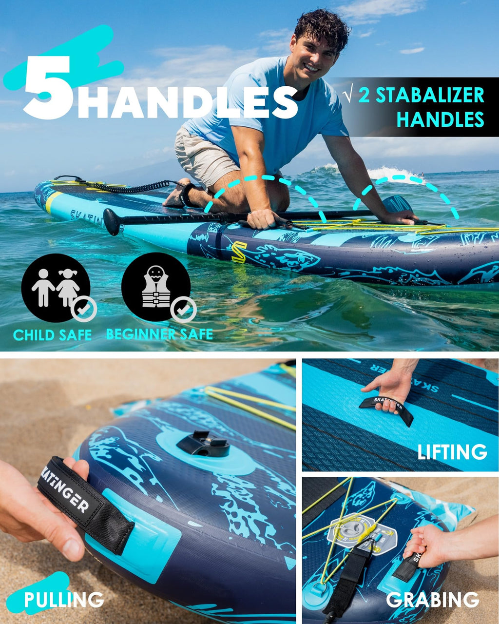 Craques super wide inflatable paddle board showing 5 handles including stabilizer handles with safe features for beginners and children