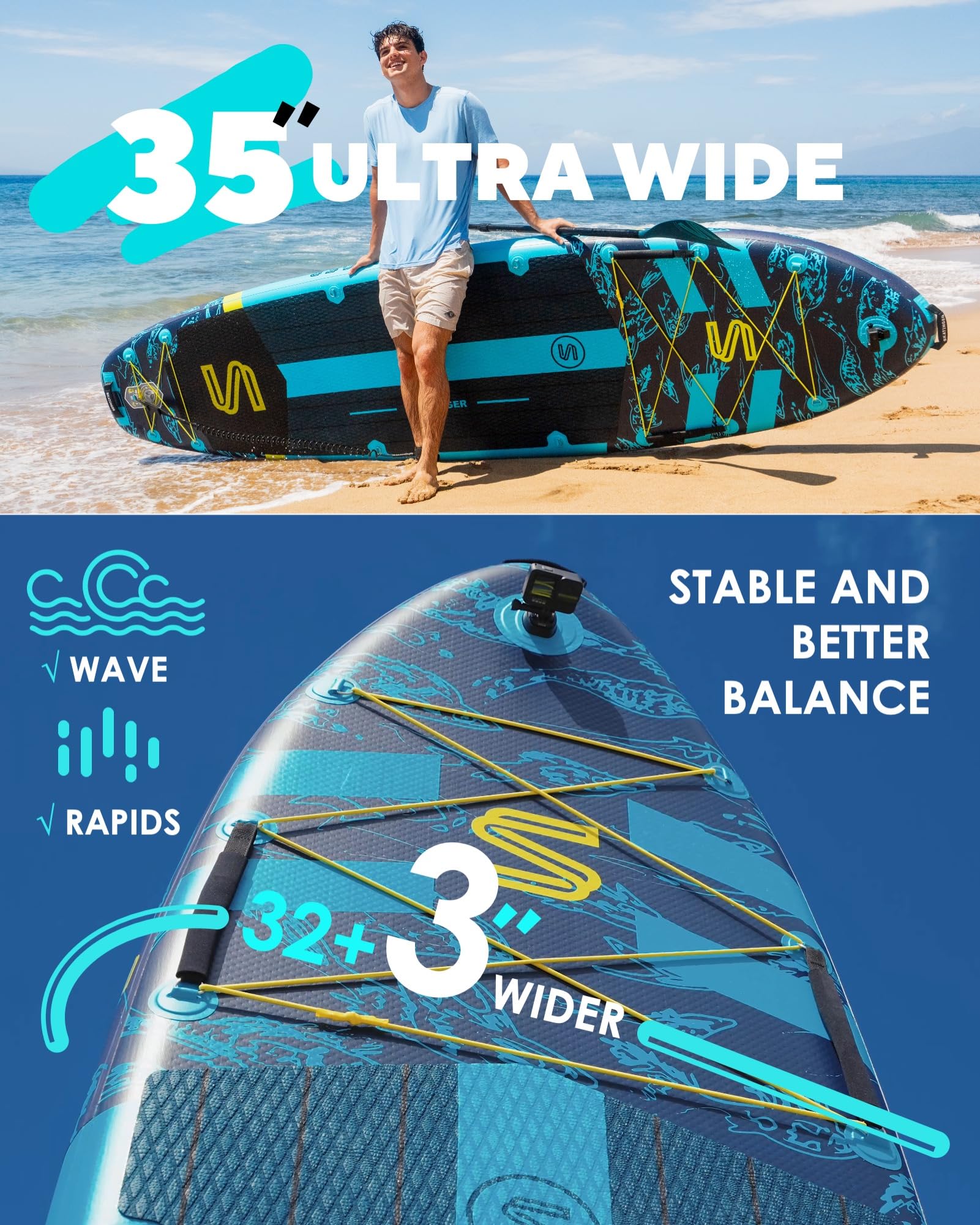 Craques super wide inflatable paddle board 35 inch ultra wide design for stable balance on waves and rapids