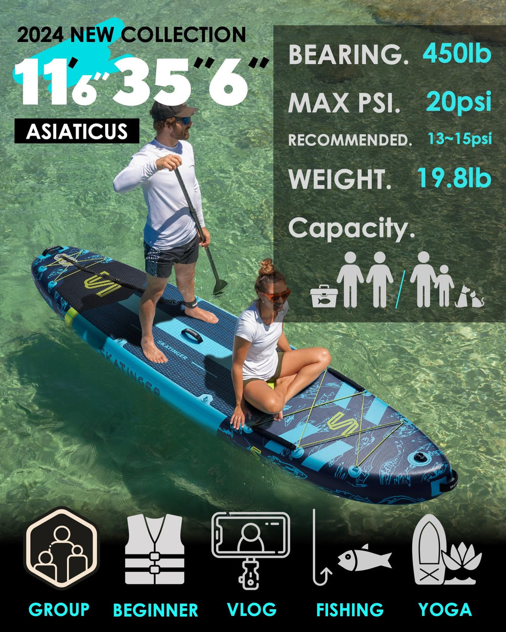 Craques super wide inflatable paddle board with two people using it for fishing and yoga on clear water