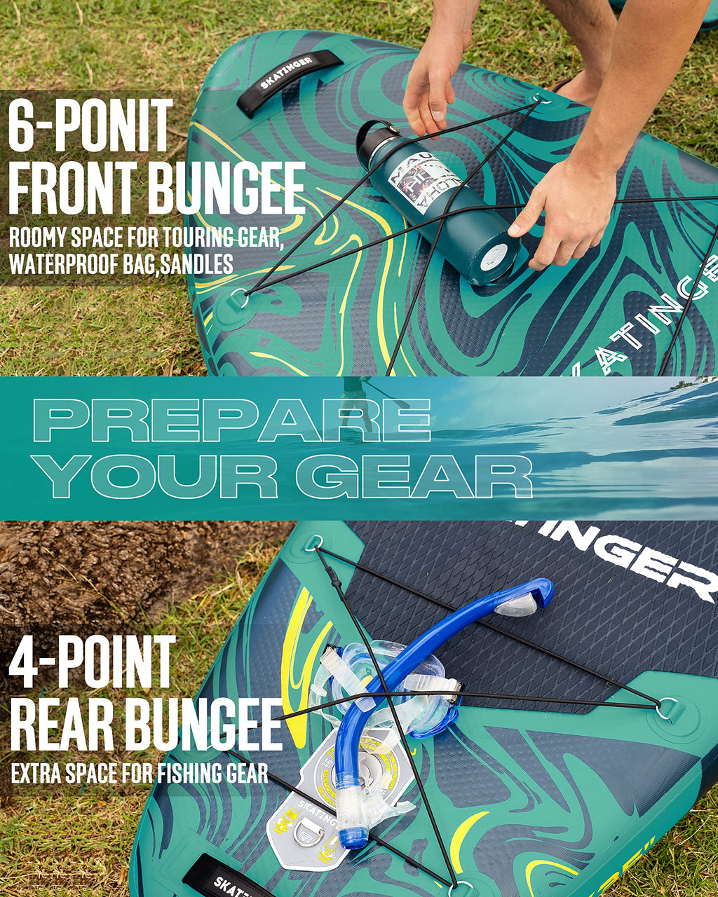 Craques super wide inflatable paddle board with 6-point front bungee and 4-point rear bungee for gear storage