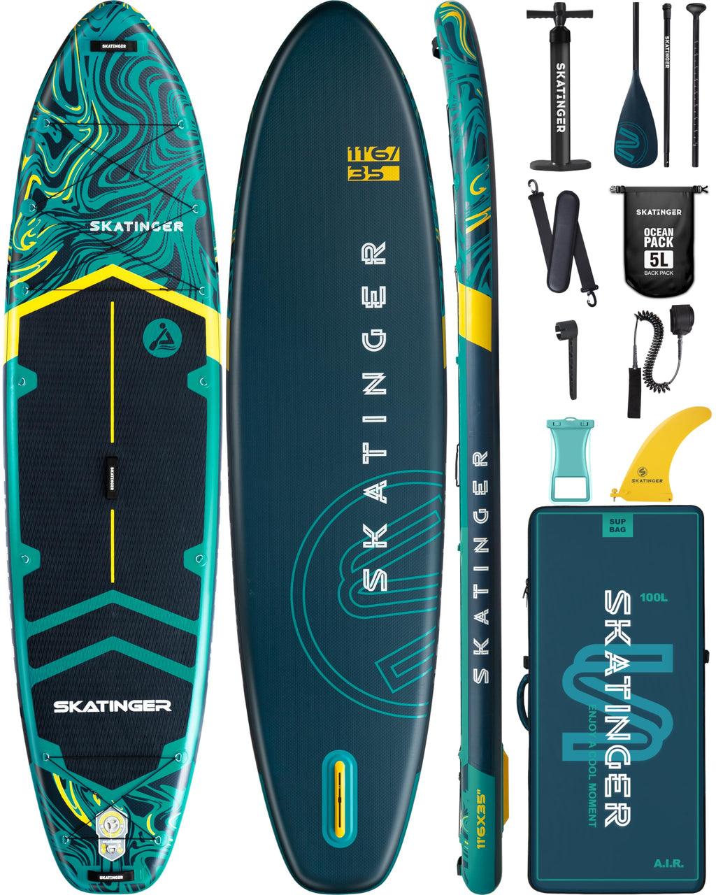 Craques super wide inflatable paddle board in teal and yellow with accessories including paddle pump, repair kit, leash, and carrying bag
