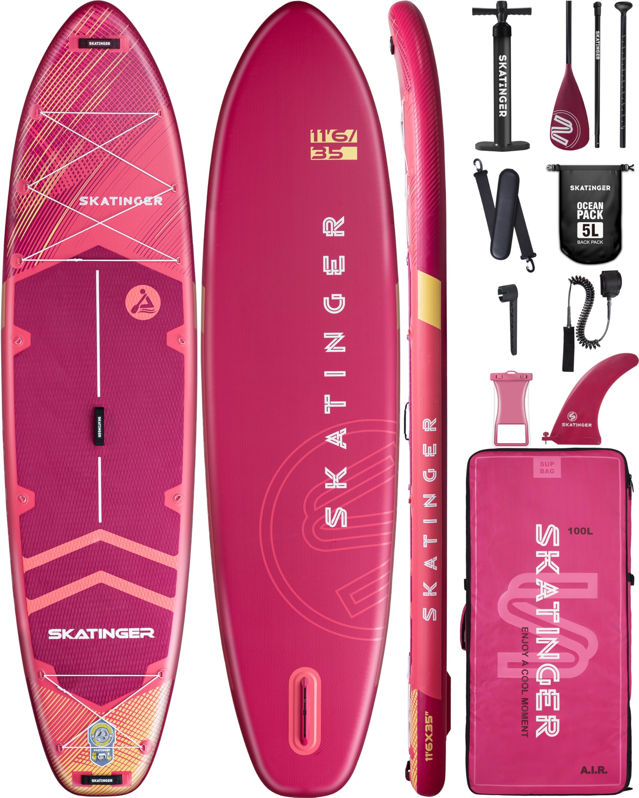 Craques super wide inflatable paddle board in pink with paddle, pump, carrying bag, leash, and repair kit