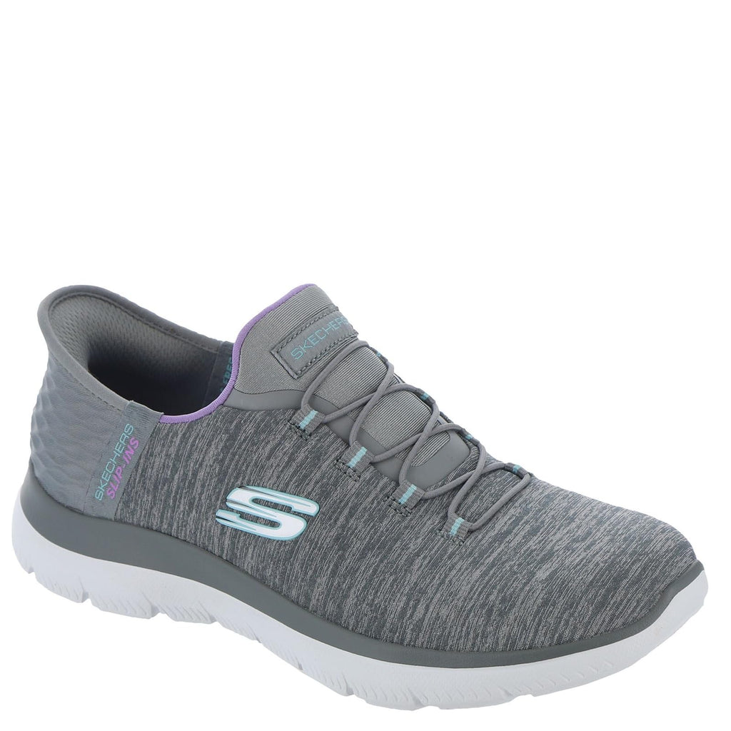 Craques women's slip-on athletic sneakers in gray with white sole and light blue accent logo