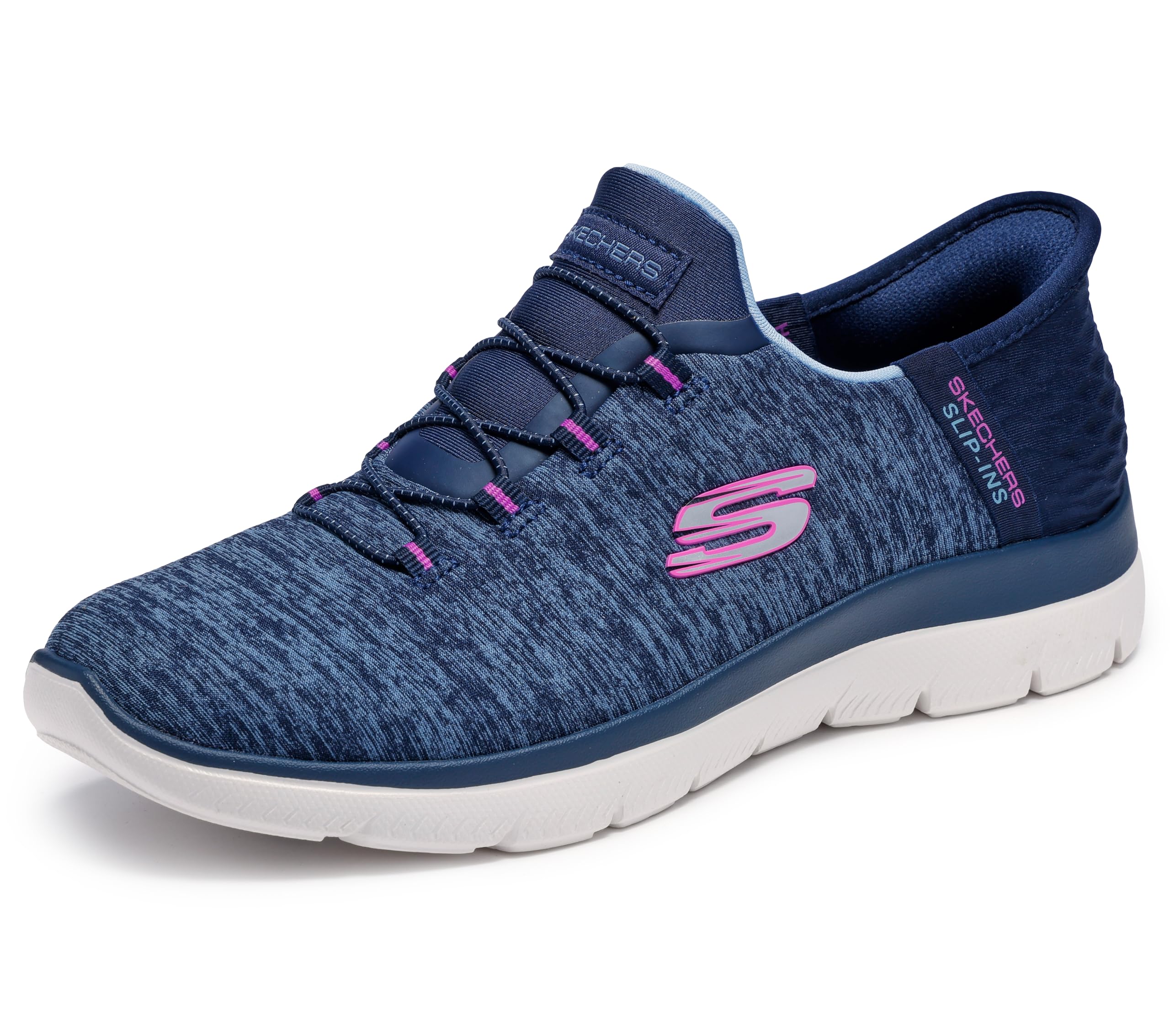 Skechers women's slip-on athletic sneakers in navy blue with pink accents 