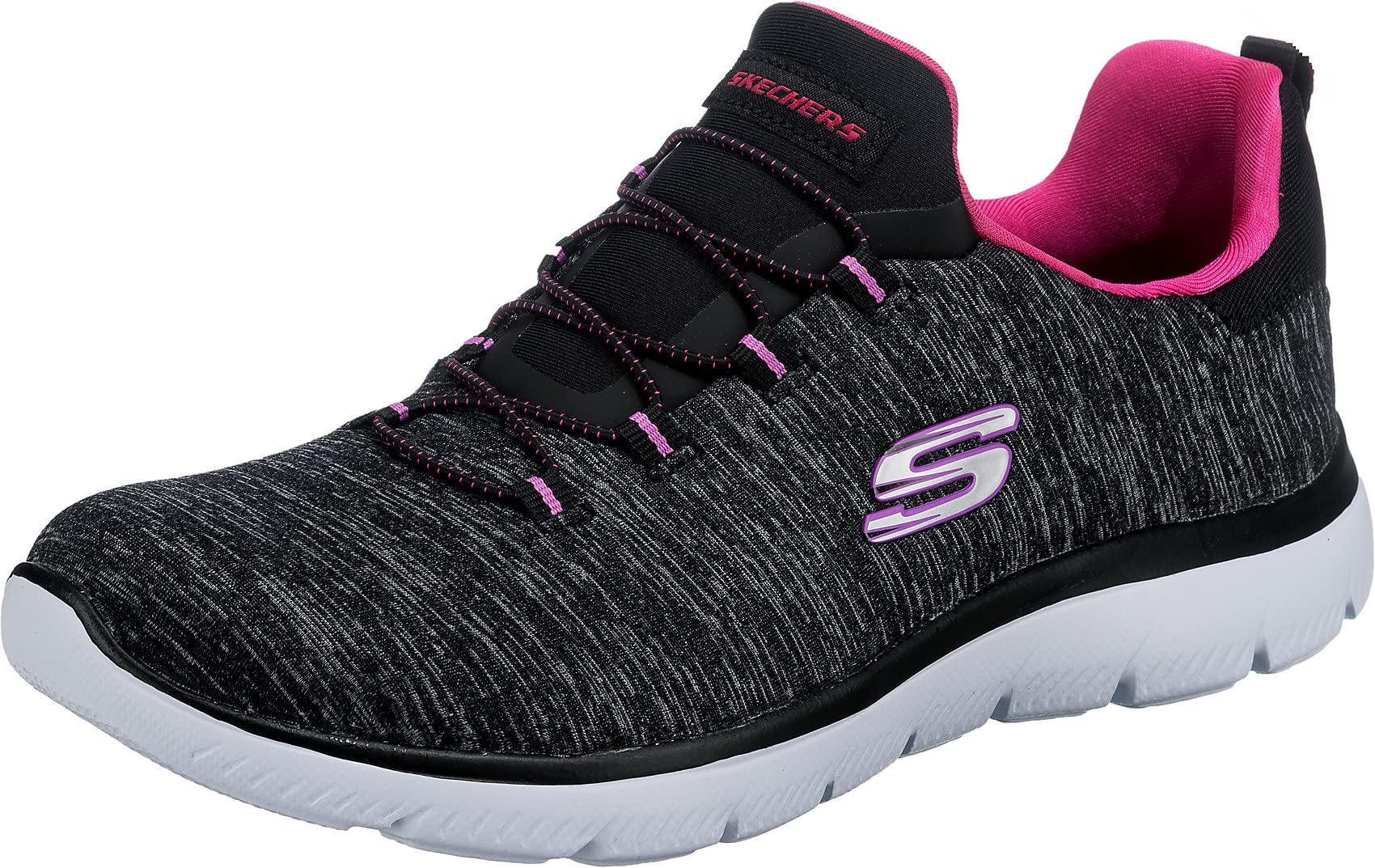 Skechers womens slip on sneakers in black and pink with lightweight flexible sole and cushioned interior