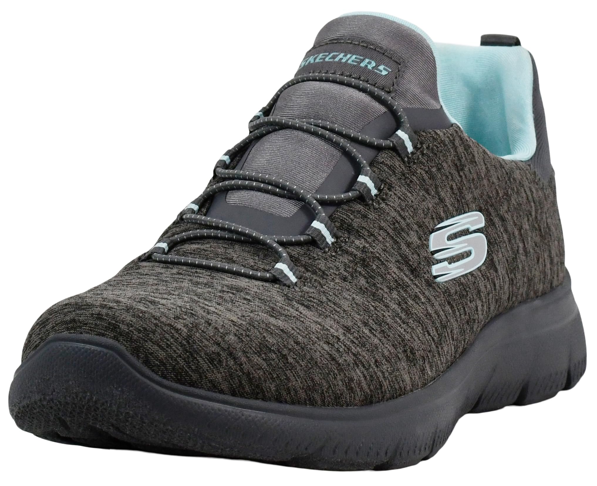 Craques Skechers womens slip on sneakers in dark gray with light blue accents and lightweight sole