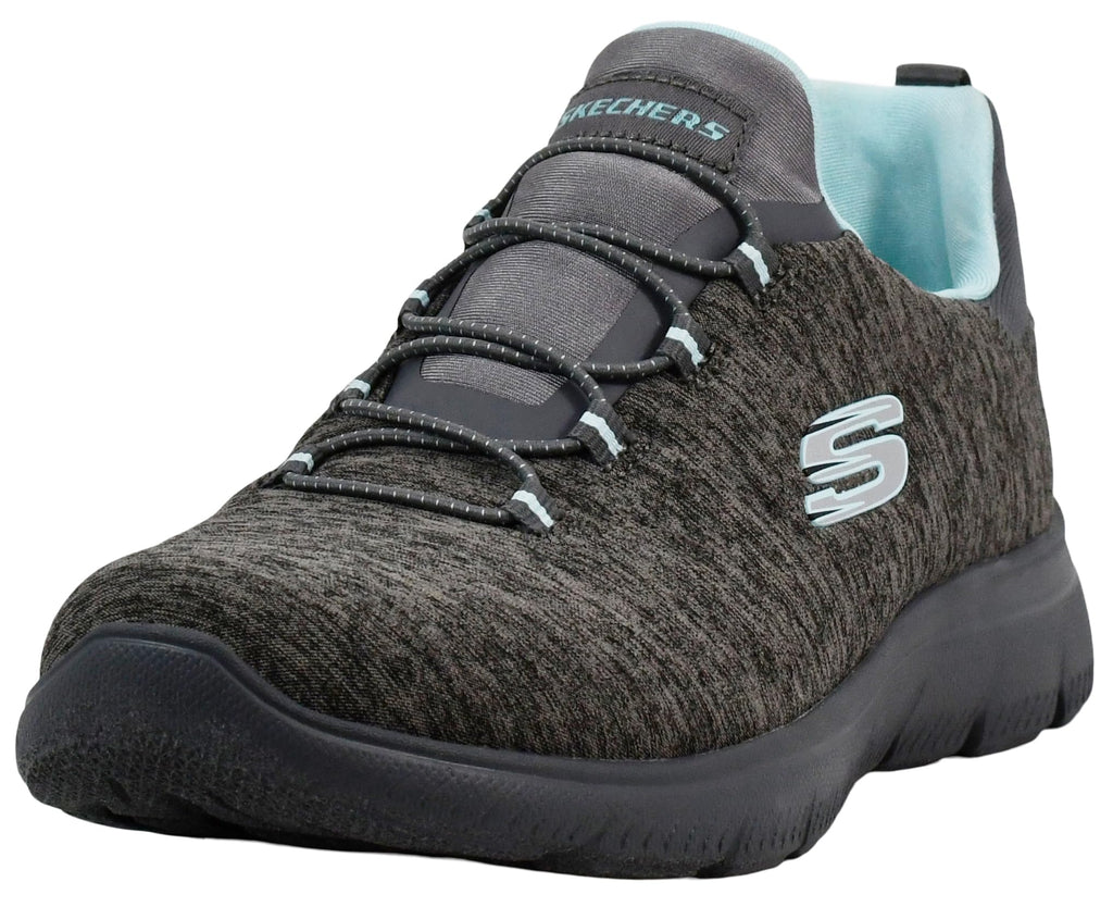 Grey and black Skechers womens slip on sneakers with light blue accents and cushioned sole