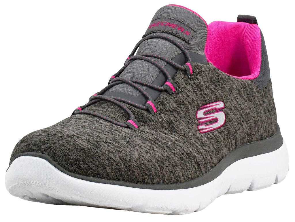 Craques Skechers womens slip on sneakers in gray with pink accents and white sole for casual wear