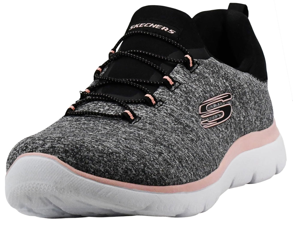 Skechers womens slip on sneakers in grey and black with pink accents and white sole