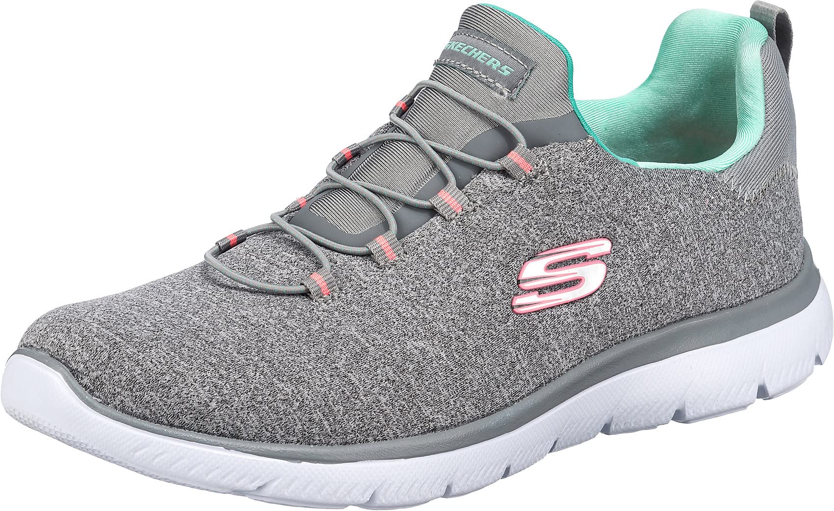 Gray Skechers womens slip on sneakers with pink logo and mint green inner lining by craques