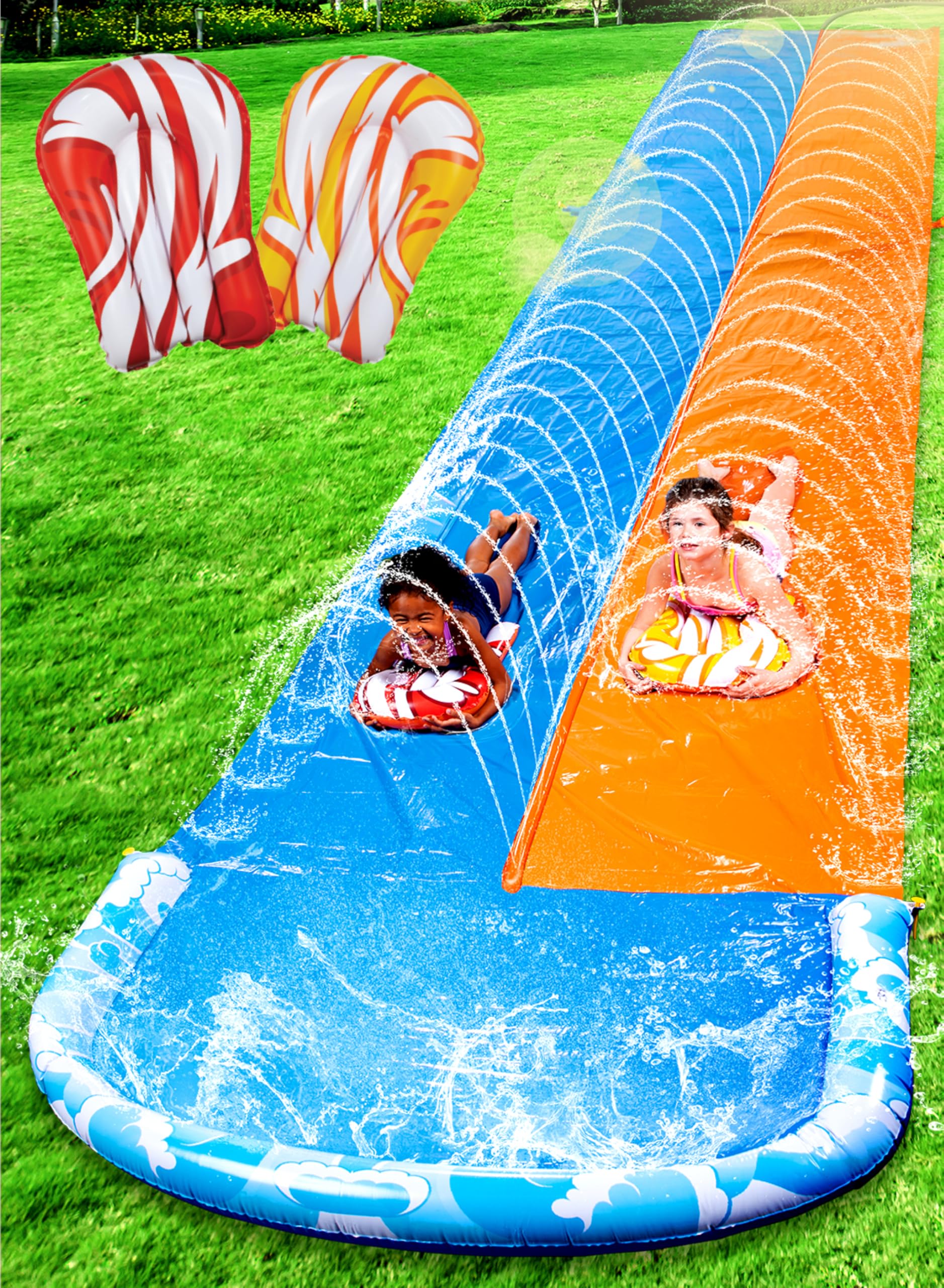 Craques backyard water slide for kids with two colorful lanes and inflatable rings on green grass