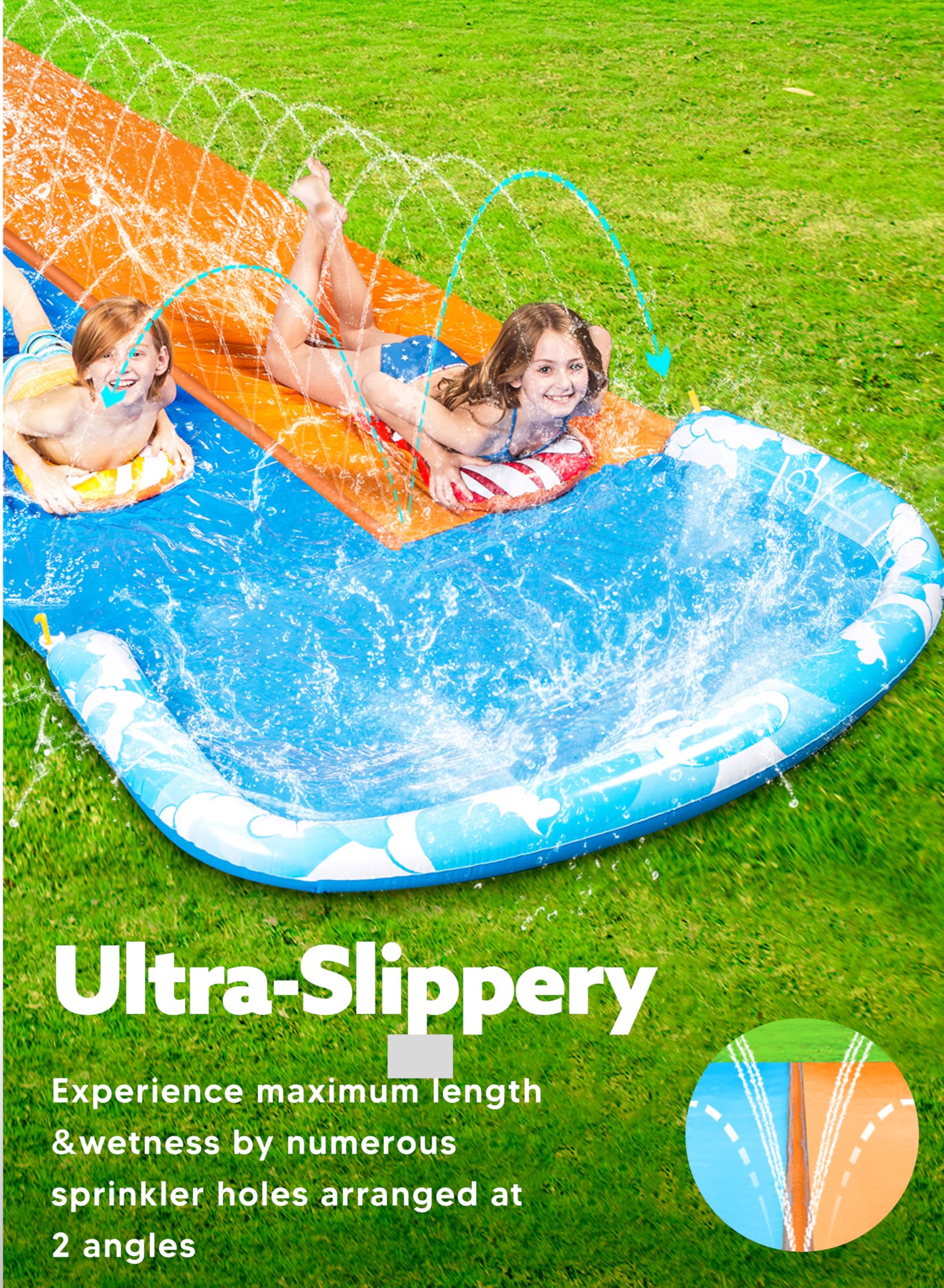 Two kids sliding on an orange backyard water slide for kids with sprinkler holes on green grass