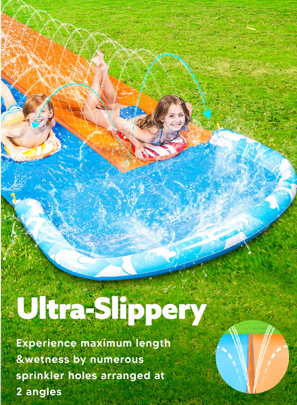 Kids enjoying a backyard water slide for kids with multiple sprinkler holes and splash pool by craques