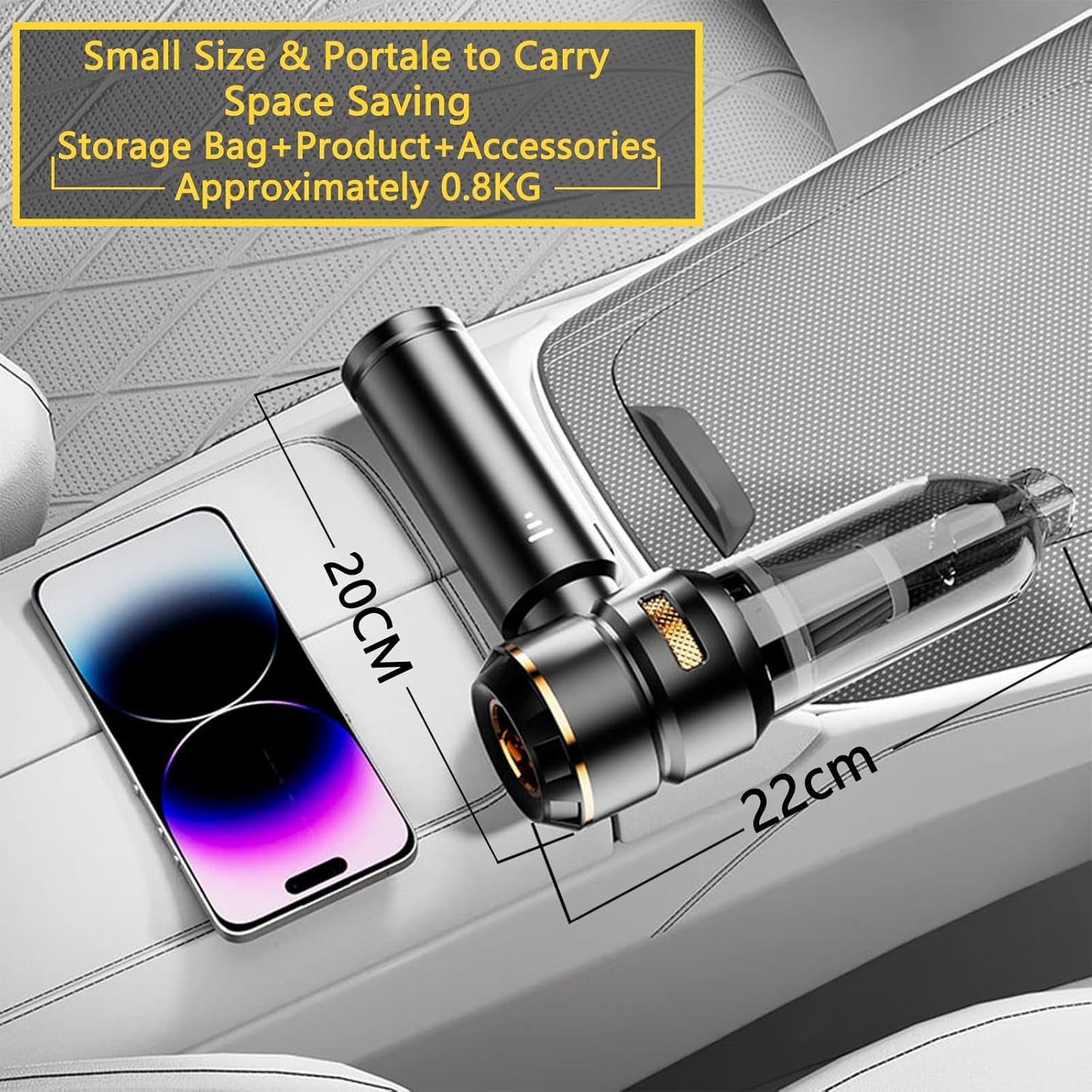 Craques cordless car vacuum cleaner in black with portable design shown next to smartphone for size comparison