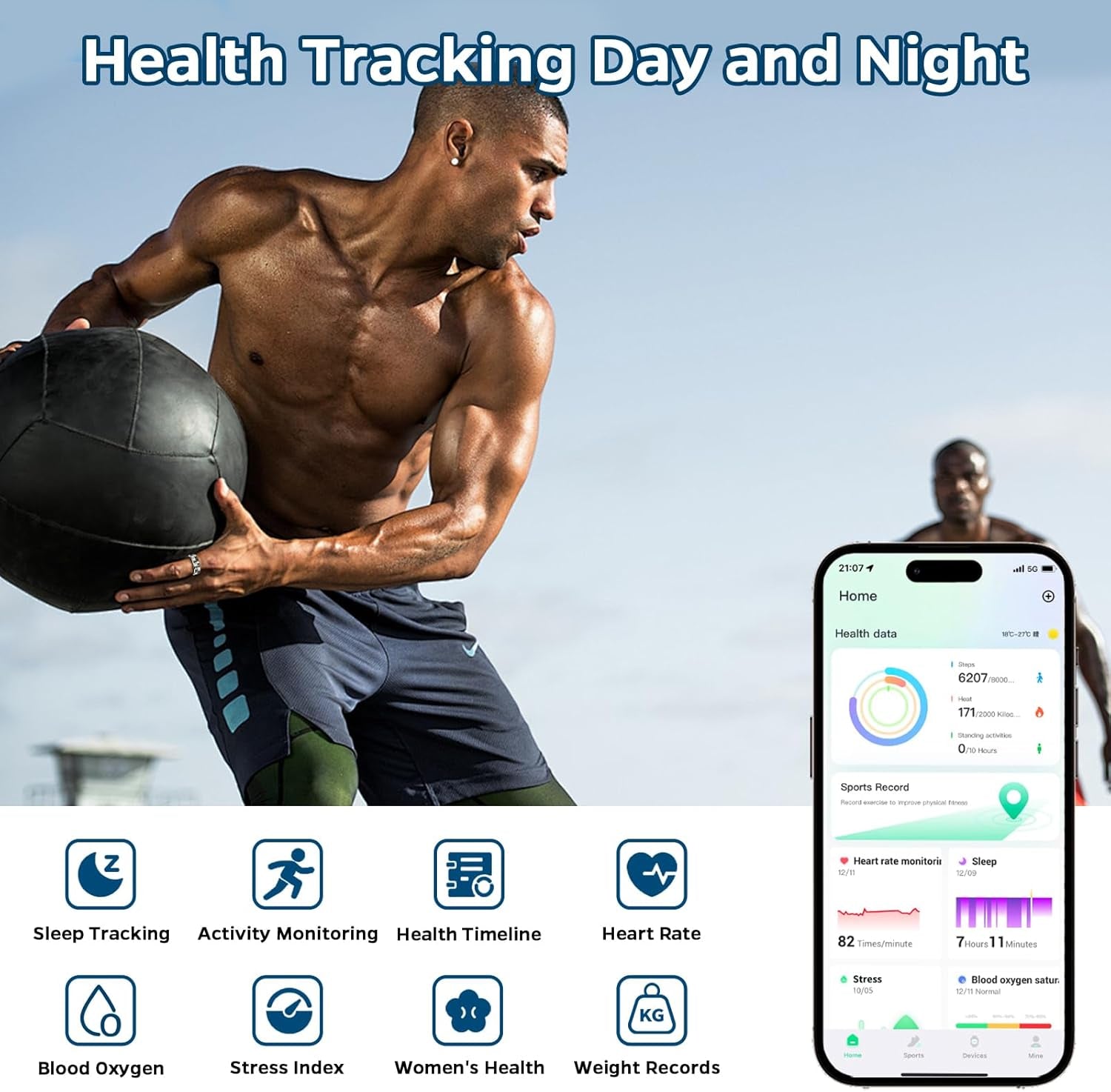 Athlete wearing craques smart ring health tracker exercising outdoors with health data app on phone
