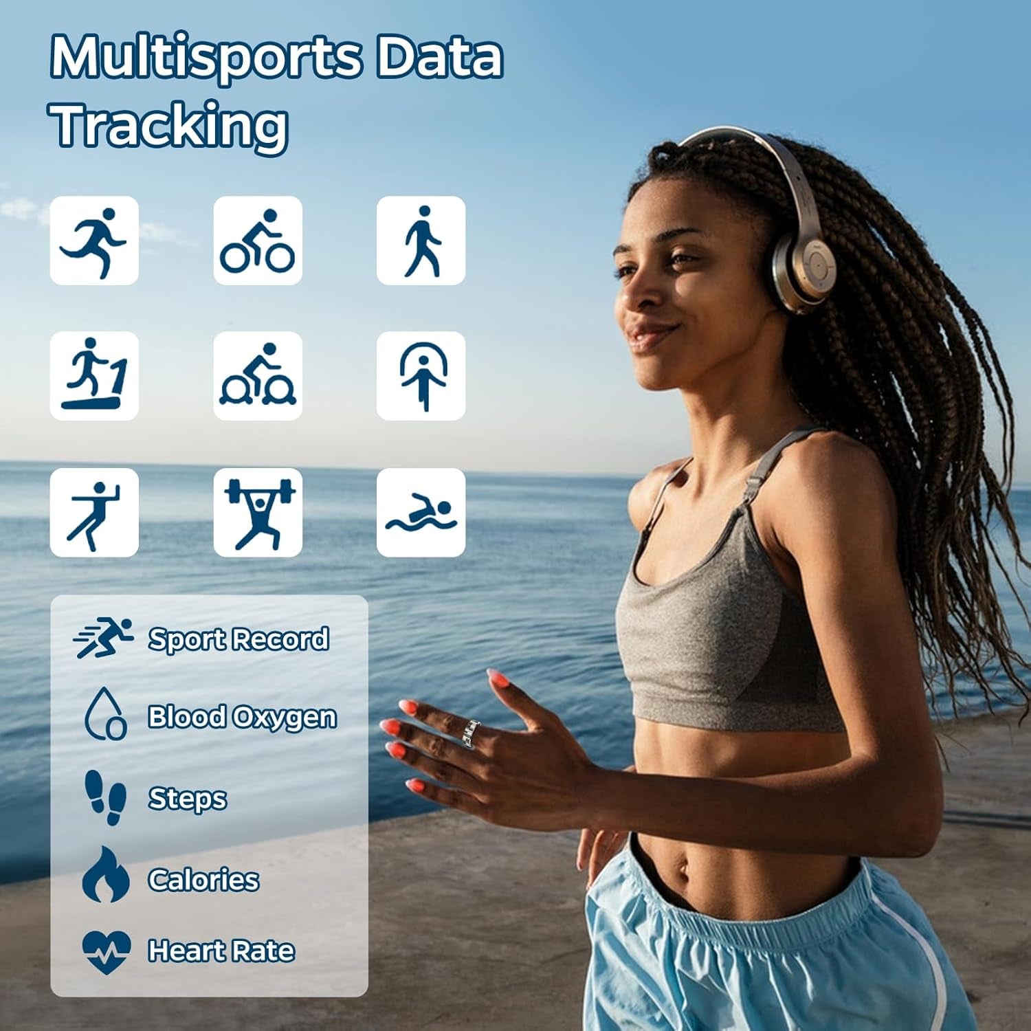 Woman jogging outdoors wearing a smart ring health tracker showing multisports data and health metrics