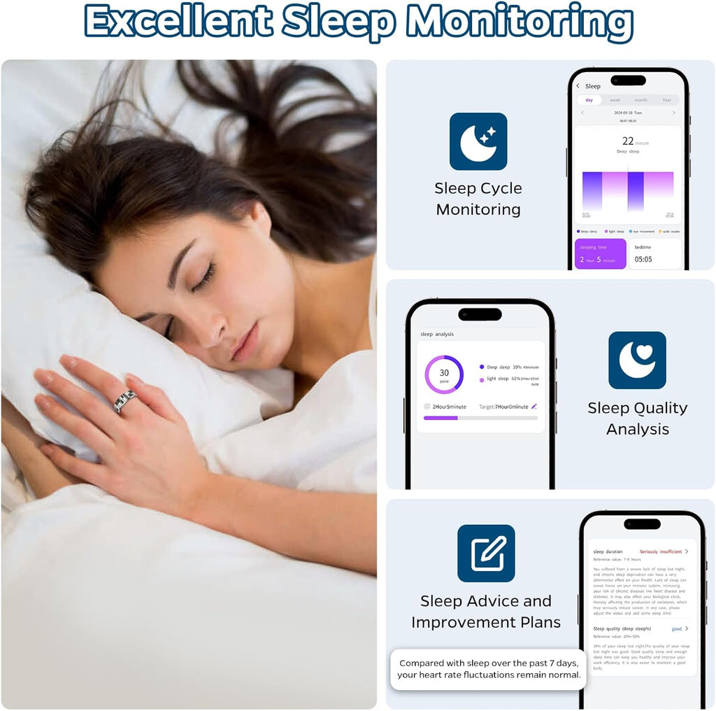 Woman sleeping wearing craques smart ring health tracker showing sleep monitoring and analysis on phone