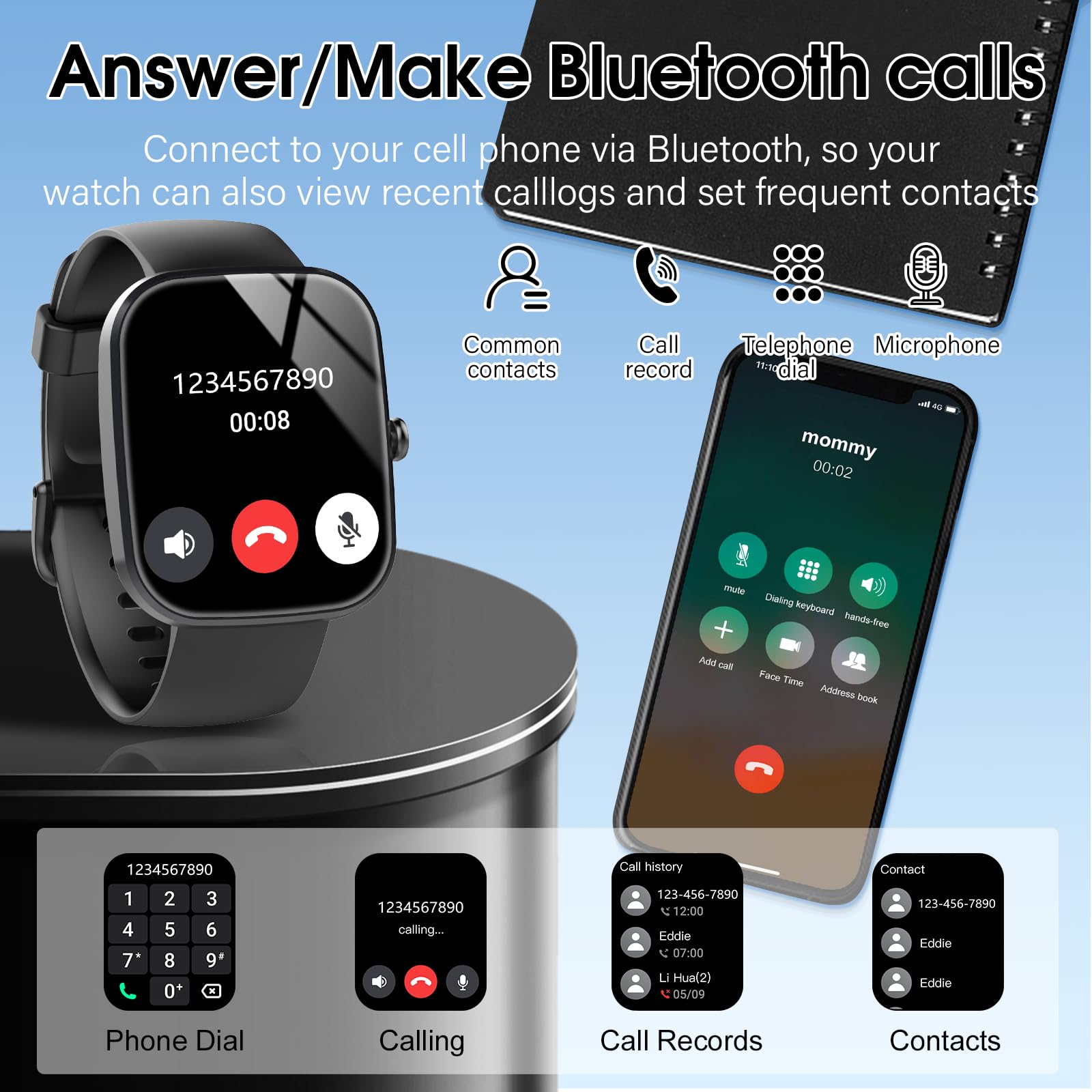 Smartwatch with call function showing Bluetooth call interface next to smartphone with call screen