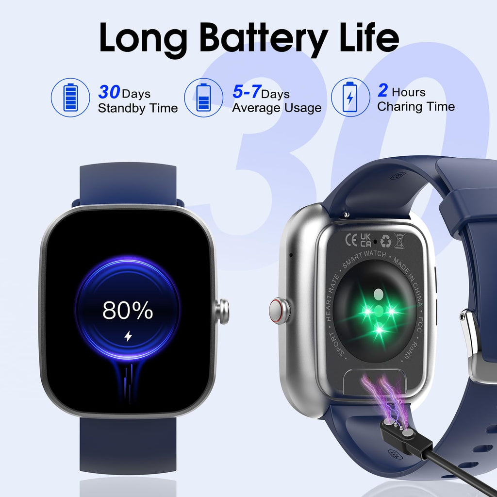 Craques smartwatch with call function showing long battery life and fast charging with blue strap