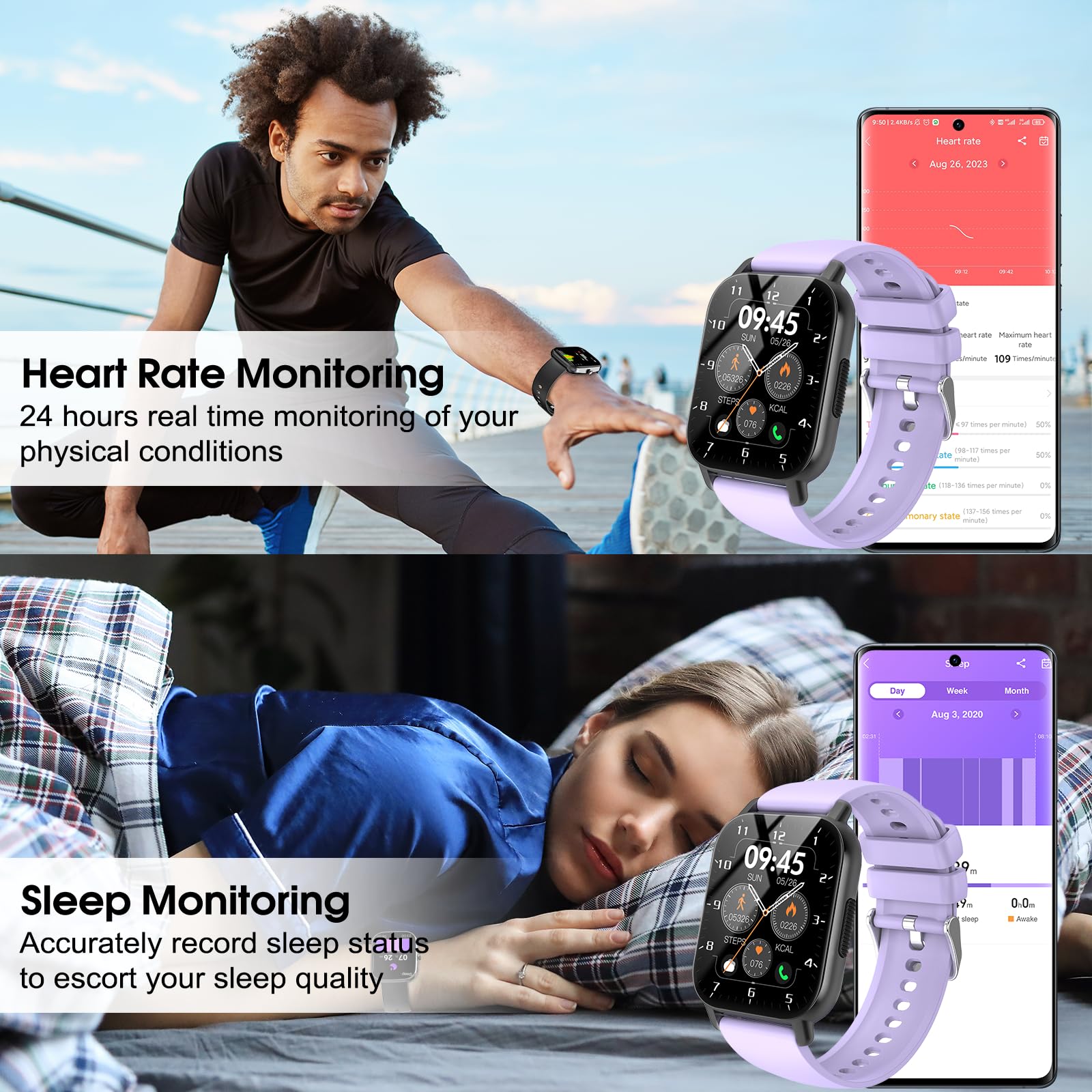 Craques smartwatch with call function showing heart rate and sleep monitoring features in purple band