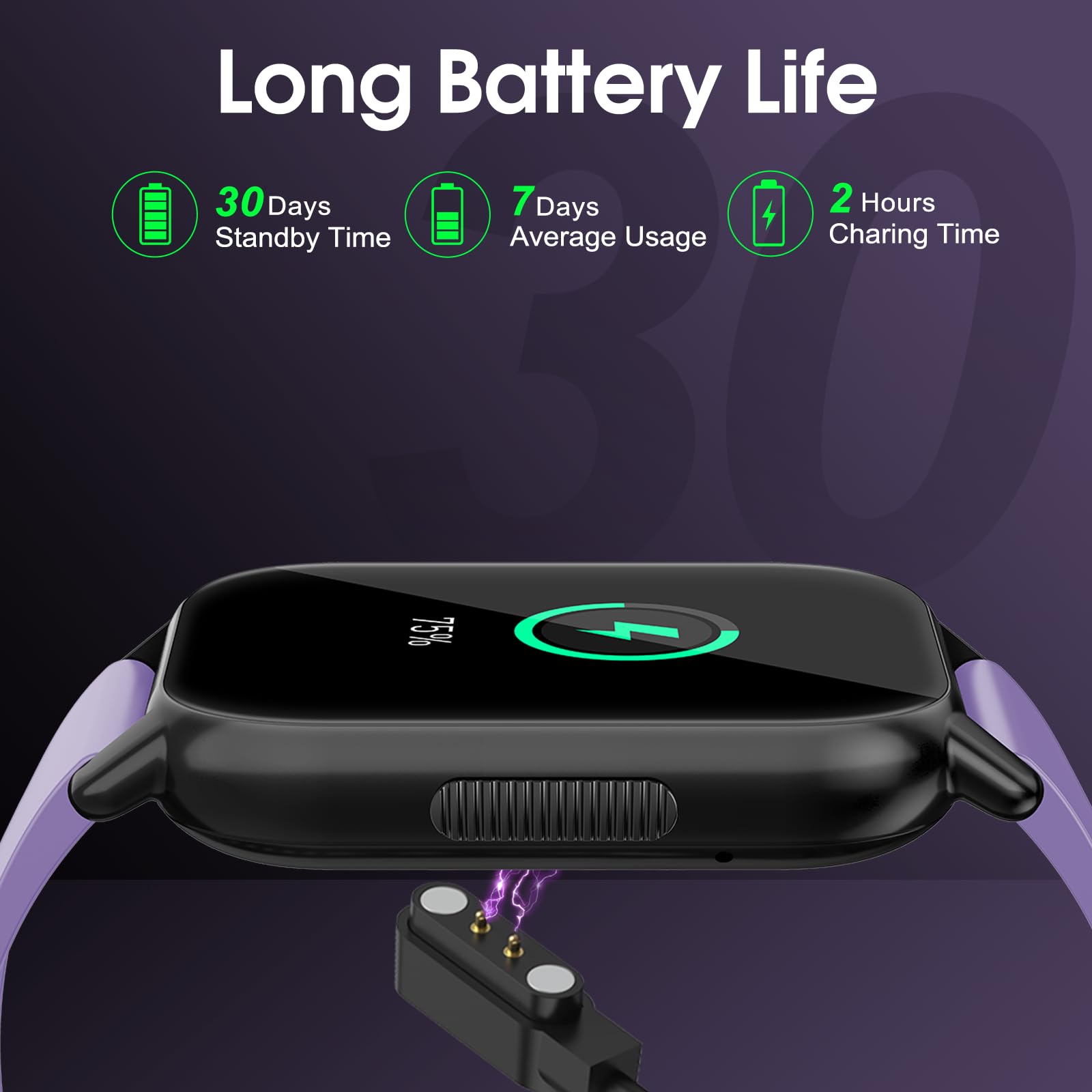 Craques smartwatch with call function showing long battery life and charging connection