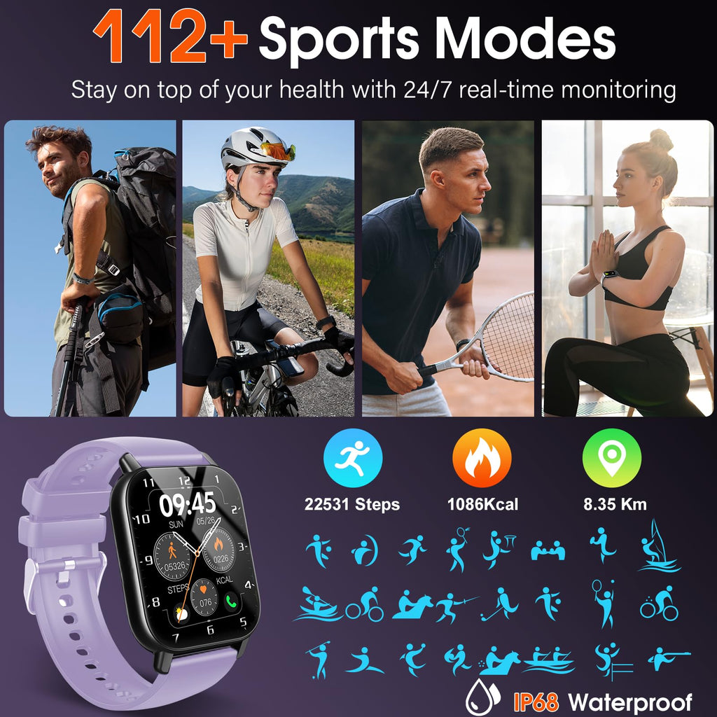 Craques smartwatch with call function in purple showing 112 sports modes and health tracking features
