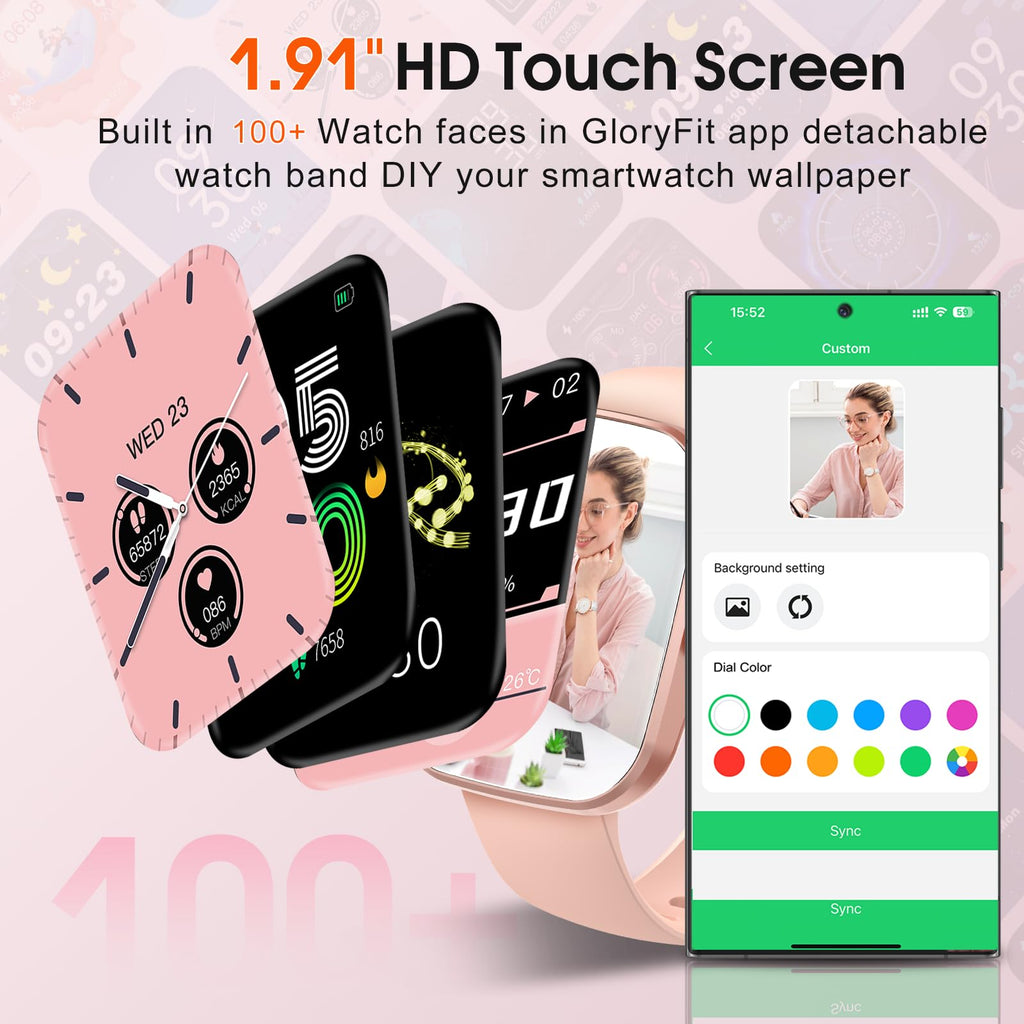 Smartwatch with call function featuring a 1.91 inch HD touch screen and customizable watch faces