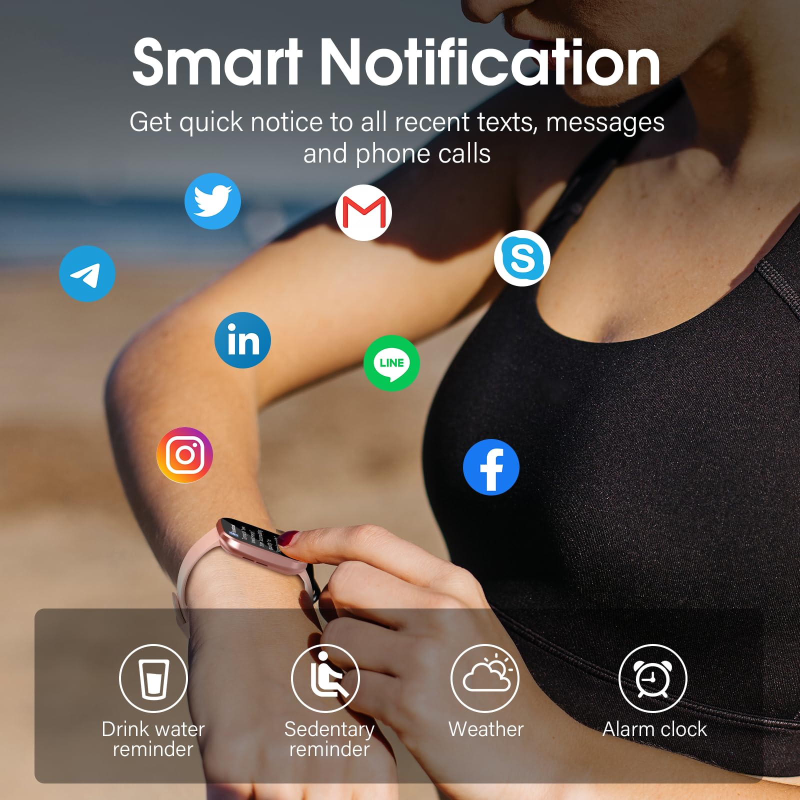 Woman using craques smartwatch with call function showing smart notifications and reminders