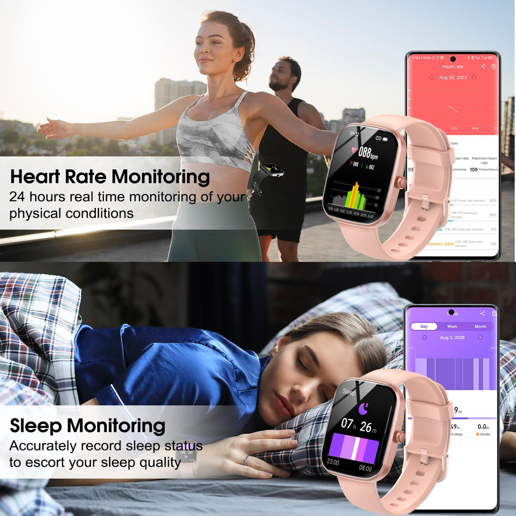 Craques smartwatch with call function showing heart rate and sleep monitoring features in pink design