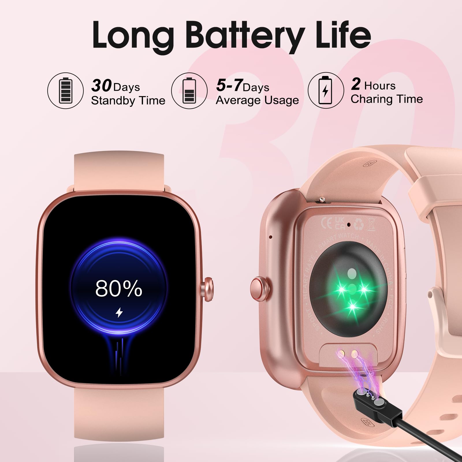 Craques rose gold smartwatch with call function showing 80 percent battery and charging with long battery life icons
