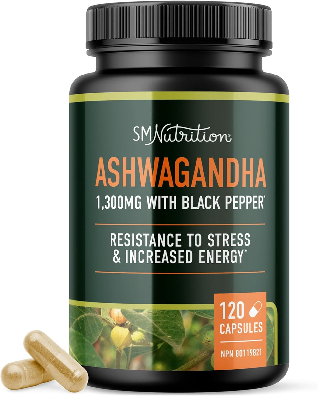 SM Nutrition Ashwagandha supplement 1300mg with black pepper bottle containing 120 capsules