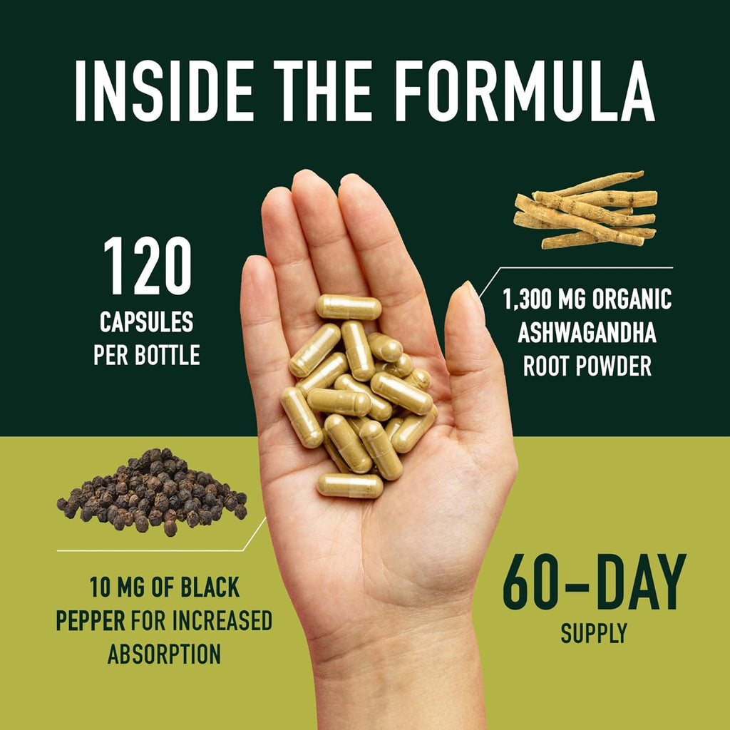 Hand holding capsules of ashwagandha supplement 1300mg with 120 capsules per bottle and black pepper for absorption
