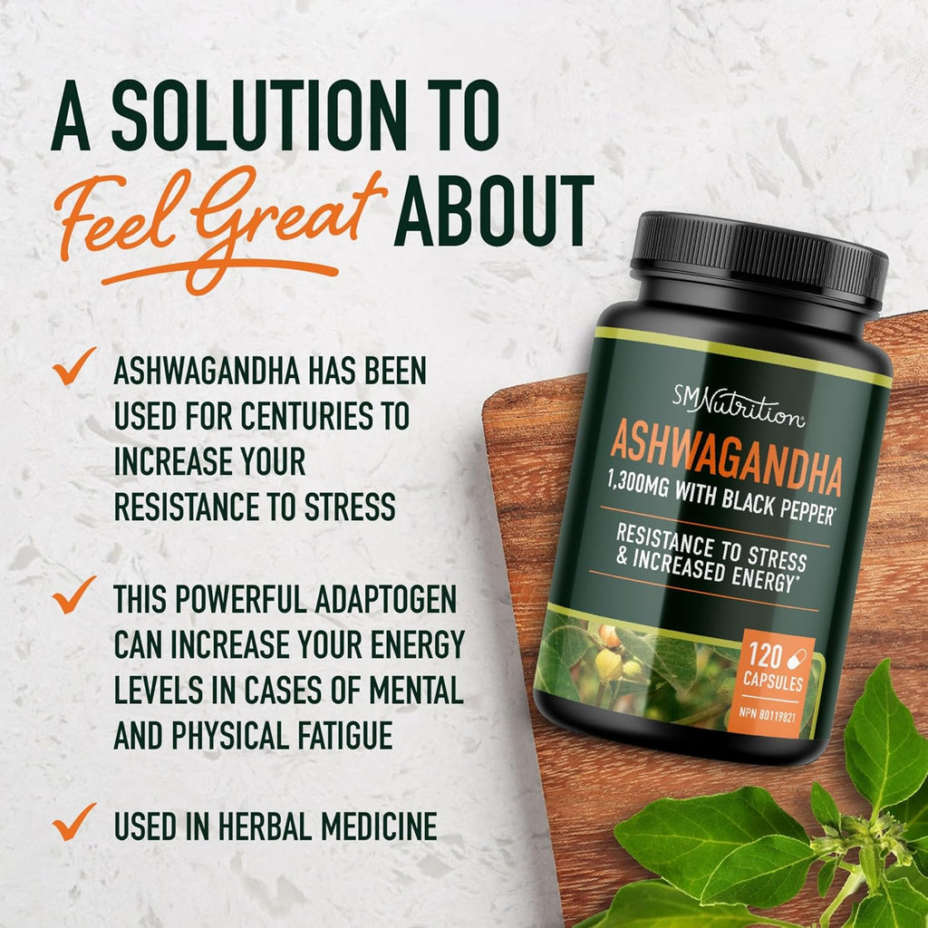 Craques Ashwagandha supplement 1300mg bottle with black pepper for stress resistance and energy