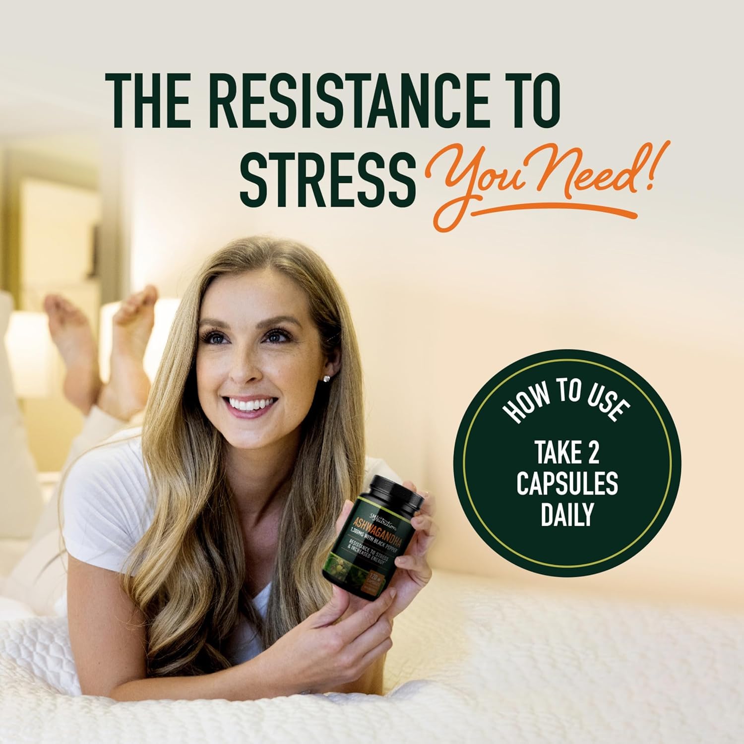 Woman holding craques ashwagandha supplement 1300mg bottle with stress resistance text