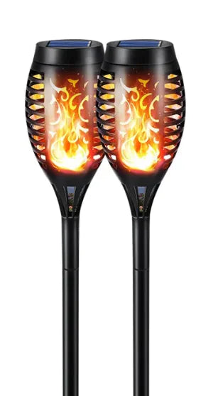 Pair of craques solar flame outdoor light with realistic flickering flame design and black spike stakes