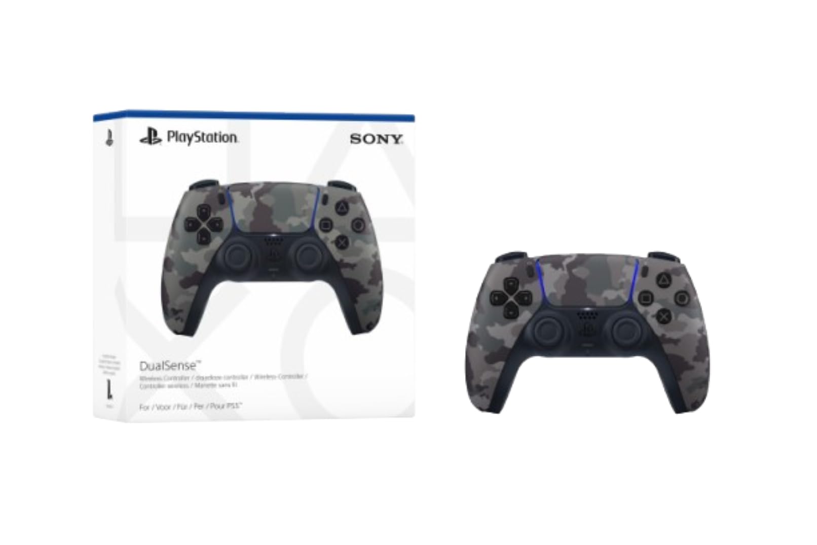Volcanic Red PS5 controller by craques in camouflage design with Sony DualSense packaging