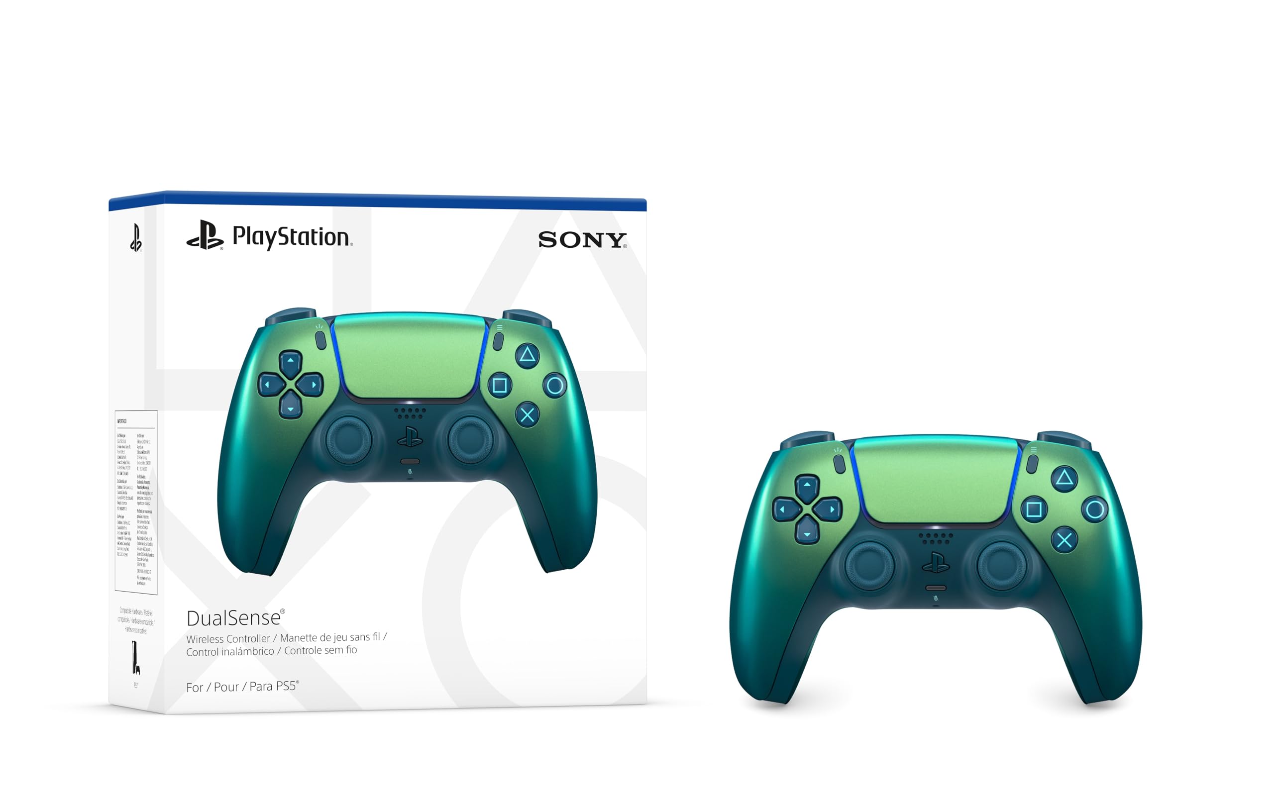 Craques Volcanic Red PS5 controller shown in green-blue gradient with DualSense packaging