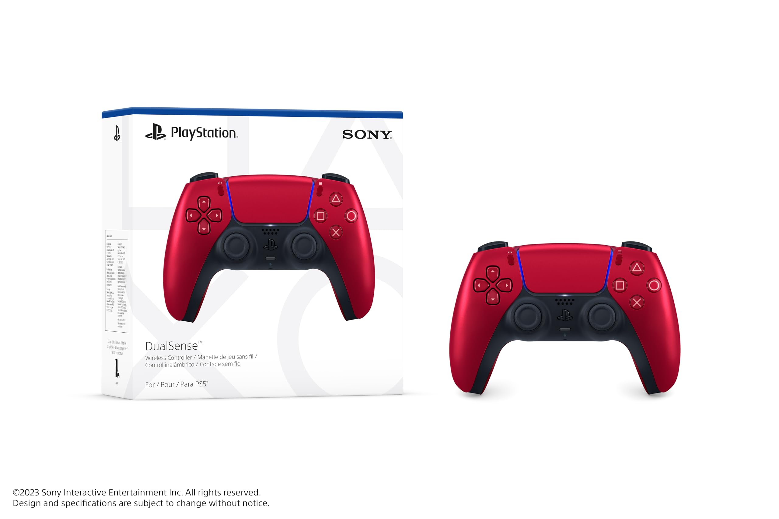 Volcanic Red PS5 controller by craques with dual analog sticks and ergonomic design next to retail packaging