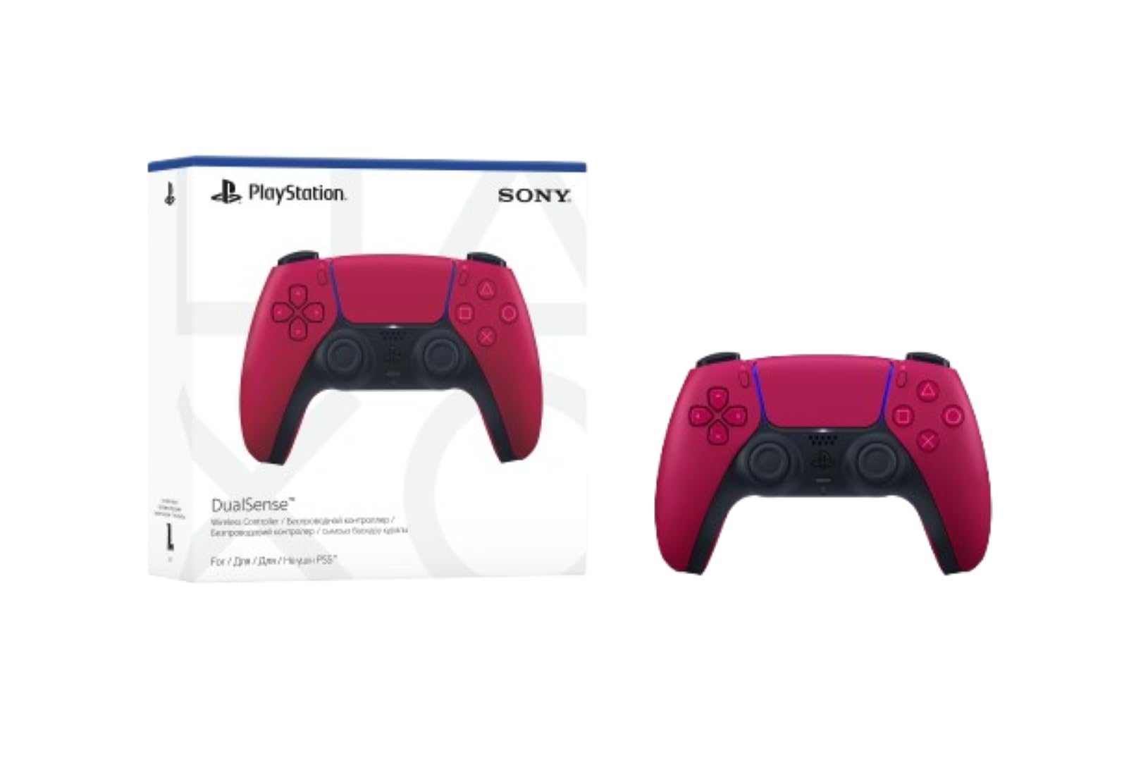 Volcanic Red PS5 controller by craques with ergonomic design shown with its packaging box