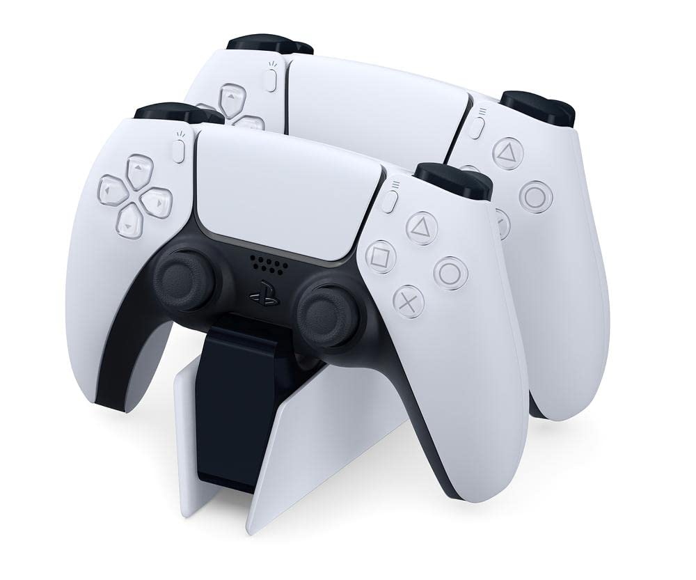 White PS5 controller and charging dock with black accents by craques, Volcanic Red PS5 controller