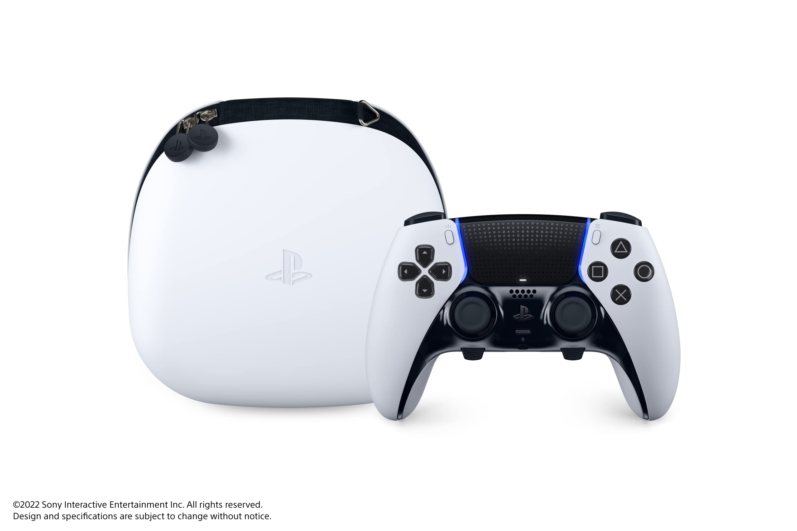 Craques Volcanic Red PS5 controller with matching white PS5 console and carrying case