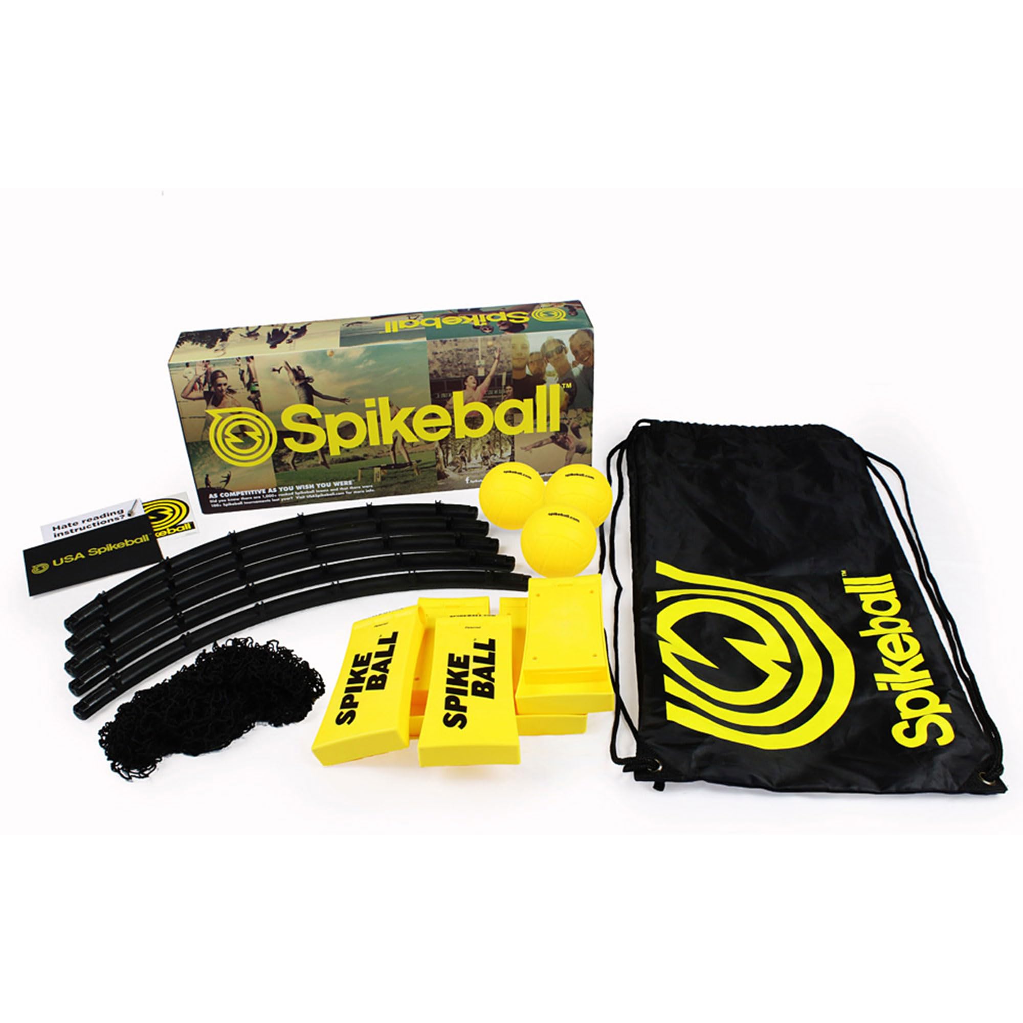 Craques Spikeball game set with yellow balls, black net, frame pieces, and carrying bag