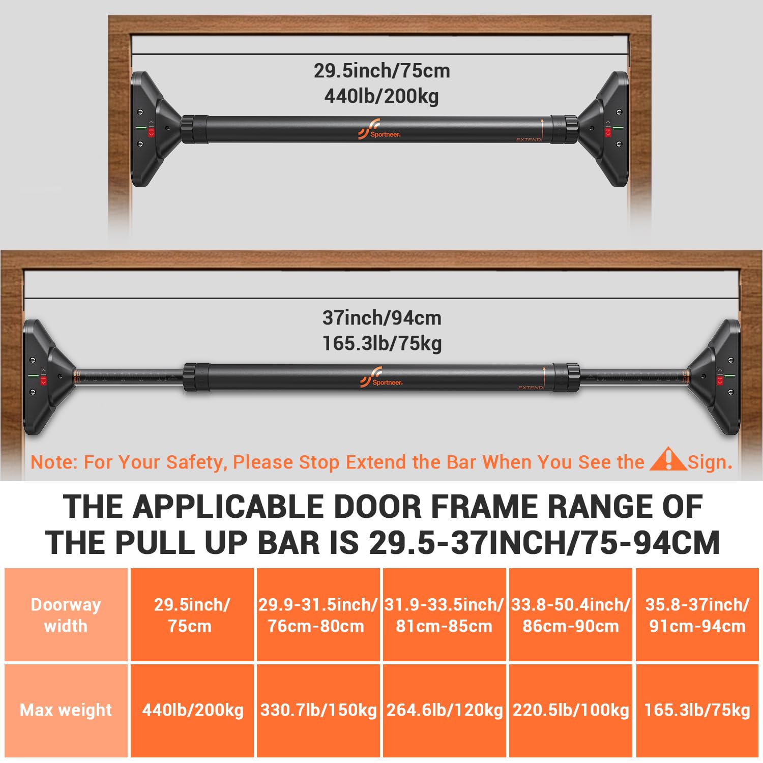 Craques pull up bar no screws adjustable to fit door frames 29.5 to 37 inches with weight limits