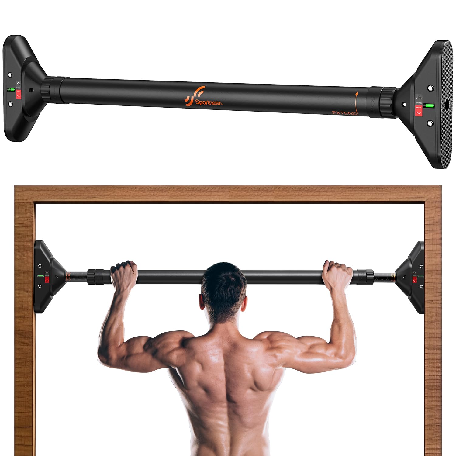 Craques pull up bar no screws installed in doorway with man performing pull ups showing sturdy design