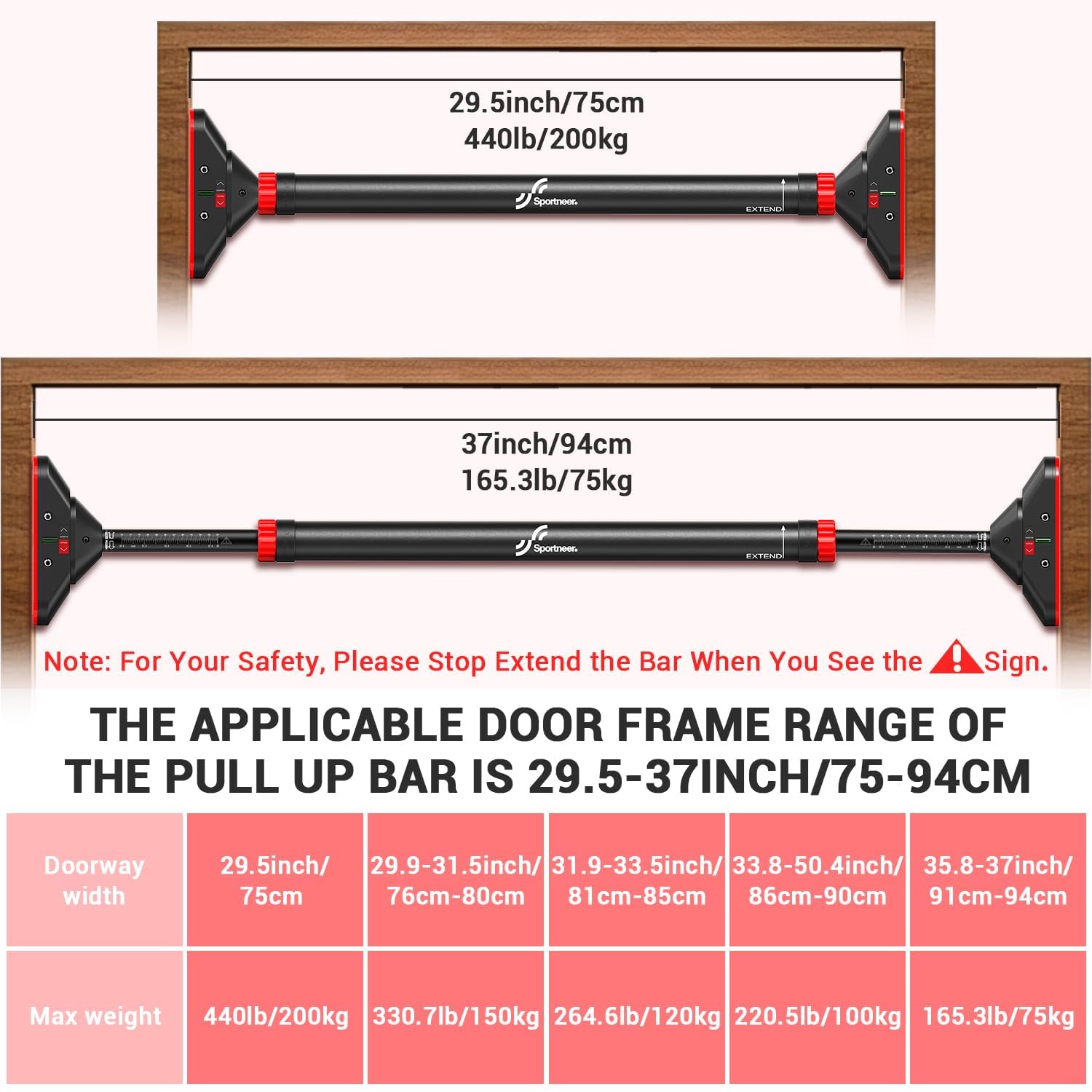 Craques adjustable pull up bar no screws, fits door frames 29.5 to 37 inches, supports up to 440 pounds