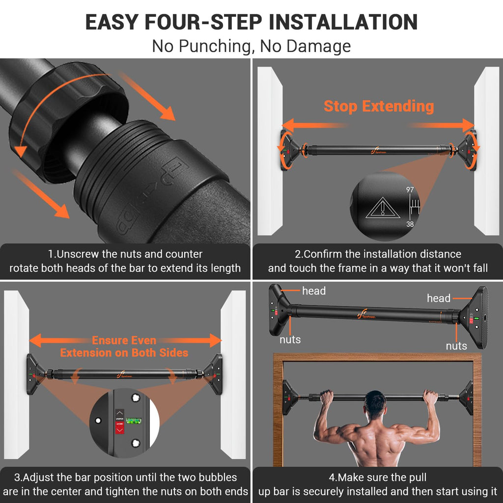 craques pull up bar no screws easy four-step installation with secure mounting between two walls and user doing pull ups